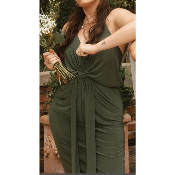 MISA LA Revolve Olive Green Twist Front Domino Maxi Dress Gown - Picture 5 of 7